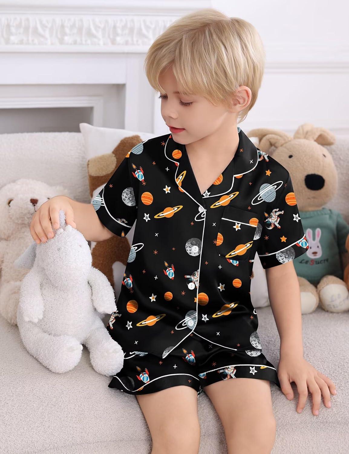 imageSWOMOG Kids Satin Pajamas Sets Girls Boys ButtonDown Pjs Short Sleeve Silk Nightwear 2 Piece Lounge SetsBlack Astronauts