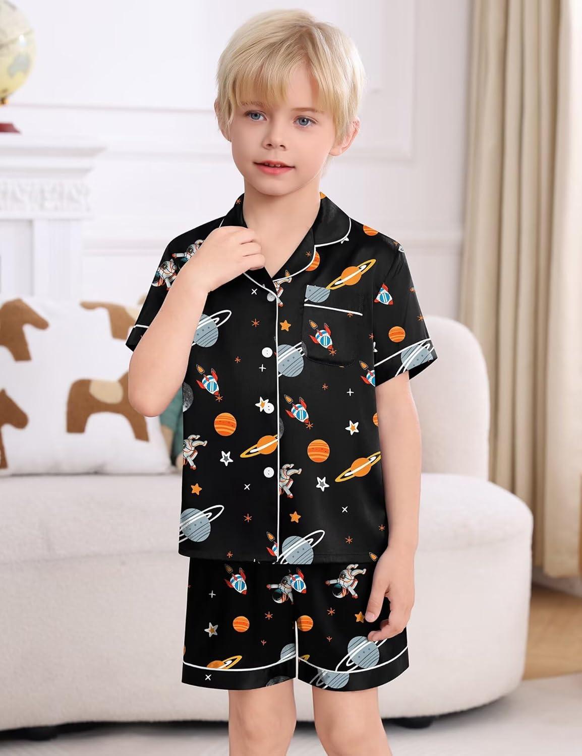 imageSWOMOG Kids Satin Pajamas Sets Girls Boys ButtonDown Pjs Short Sleeve Silk Nightwear 2 Piece Lounge SetsBlack Astronauts