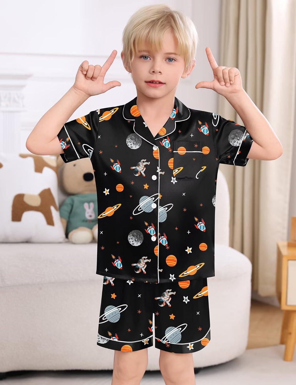 imageSWOMOG Kids Satin Pajamas Sets Girls Boys ButtonDown Pjs Short Sleeve Silk Nightwear 2 Piece Lounge SetsBlack Astronauts