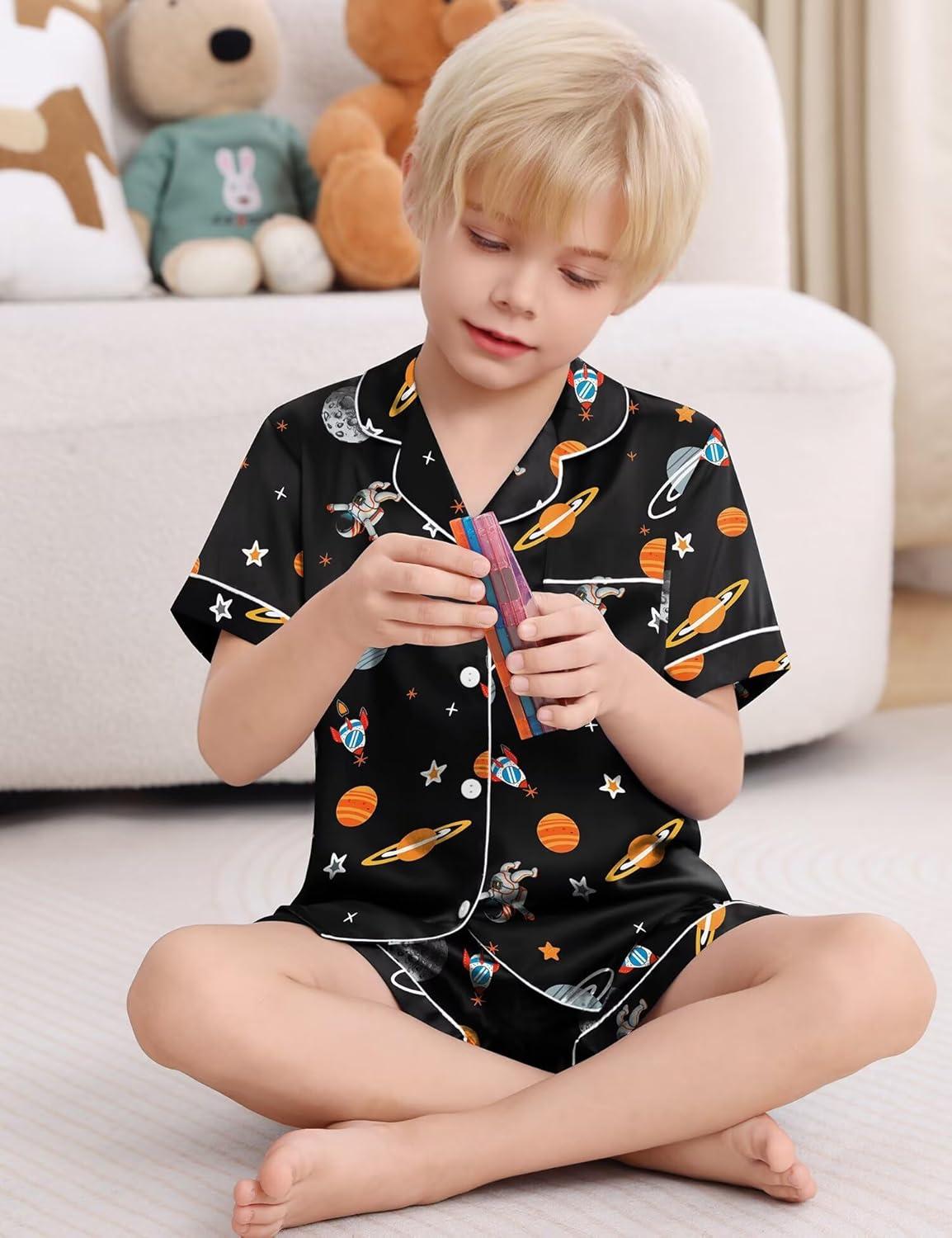 imageSWOMOG Kids Satin Pajamas Sets Girls Boys ButtonDown Pjs Short Sleeve Silk Nightwear 2 Piece Lounge SetsBlack Astronauts