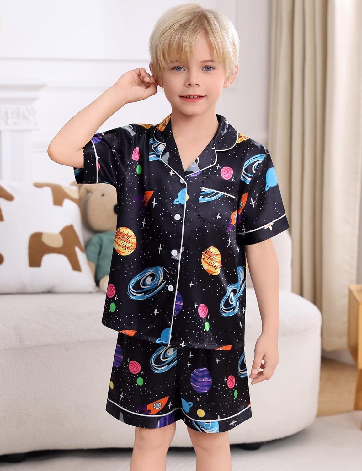 imageSWOMOG Kids Satin Pajamas Sets Girls Boys ButtonDown Pjs Short Sleeve Silk Nightwear 2 Piece Lounge SetsBlack Universe
