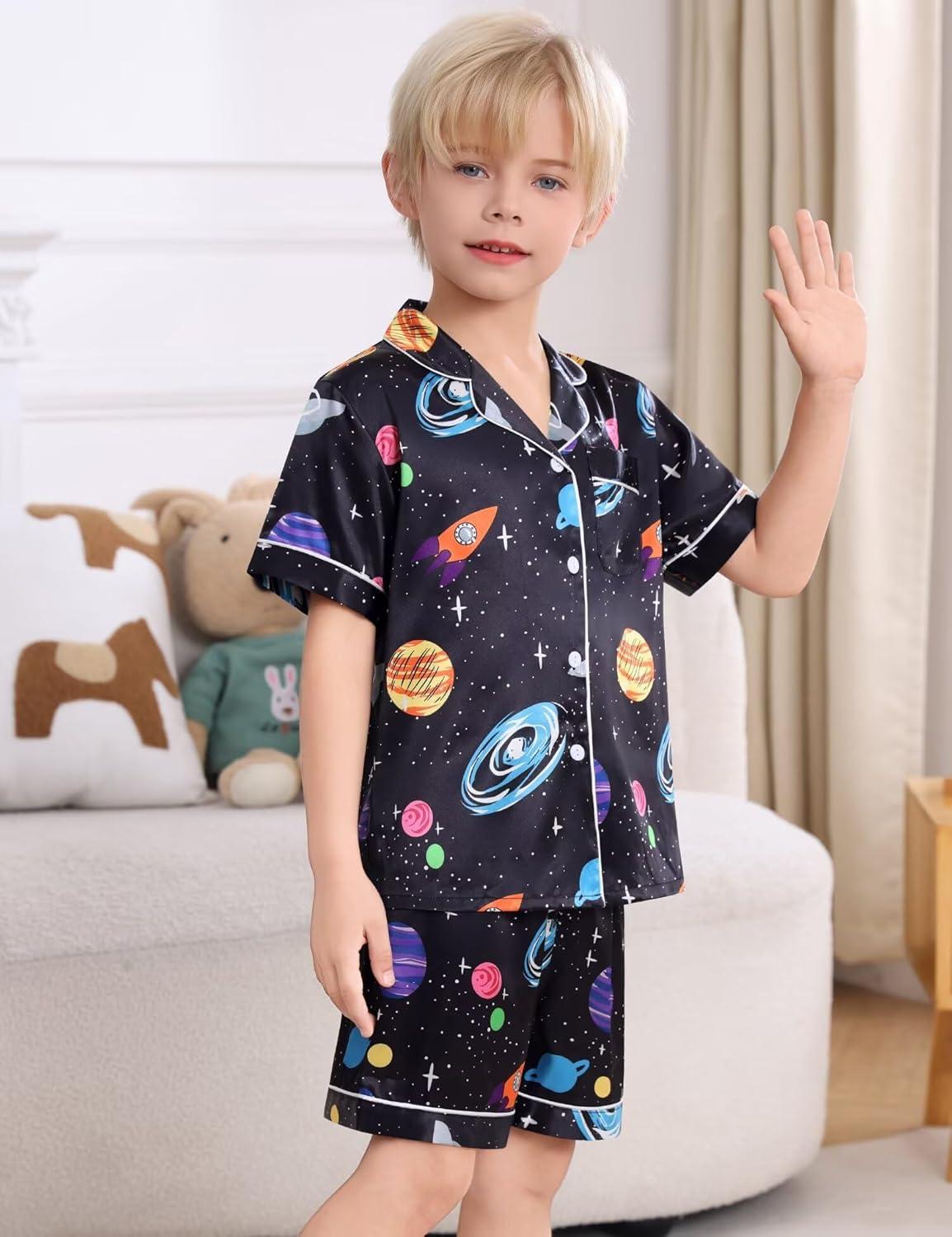 imageSWOMOG Kids Satin Pajamas Sets Girls Boys ButtonDown Pjs Short Sleeve Silk Nightwear 2 Piece Lounge SetsBlack Universe