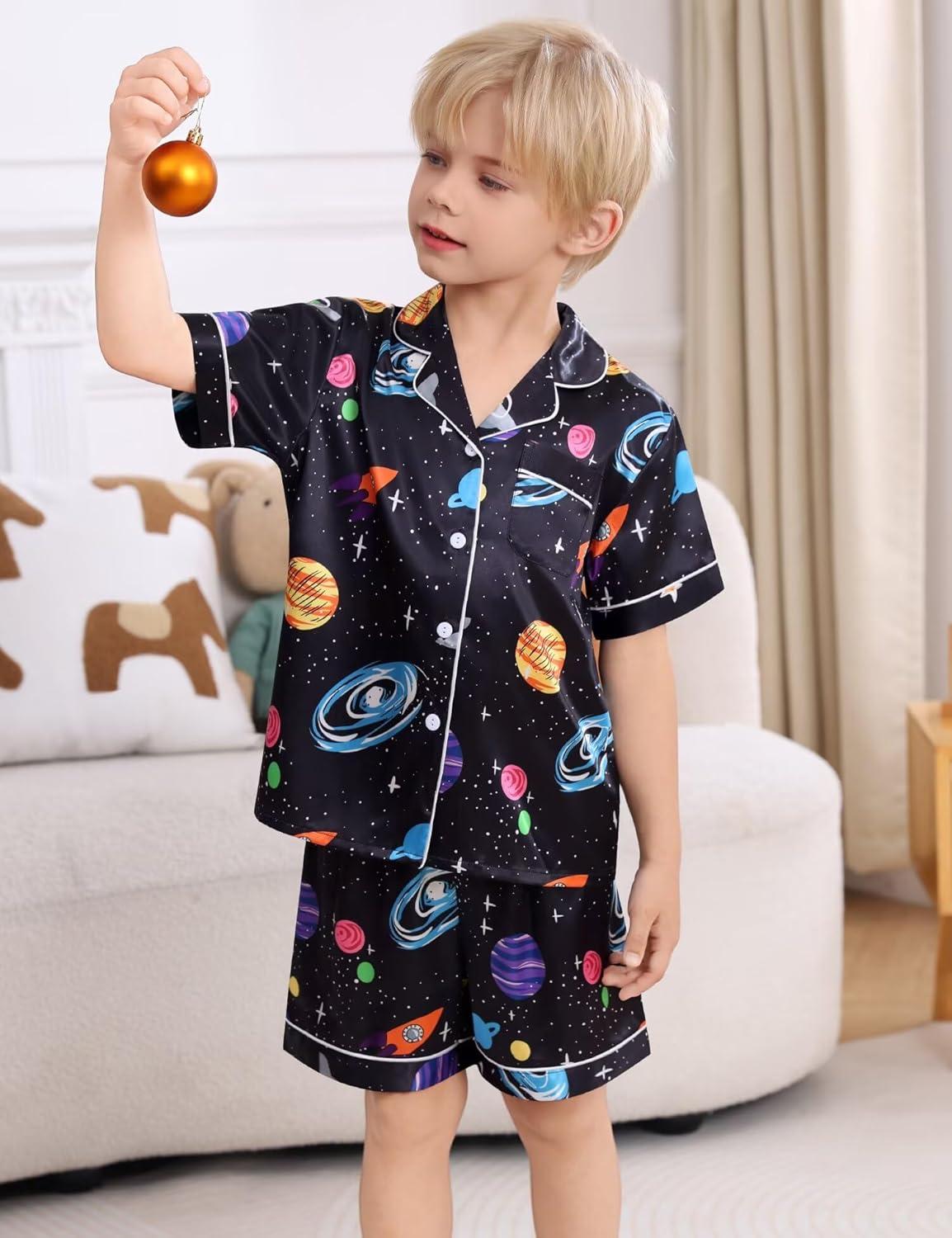 imageSWOMOG Kids Satin Pajamas Sets Girls Boys ButtonDown Pjs Short Sleeve Silk Nightwear 2 Piece Lounge SetsBlack Universe