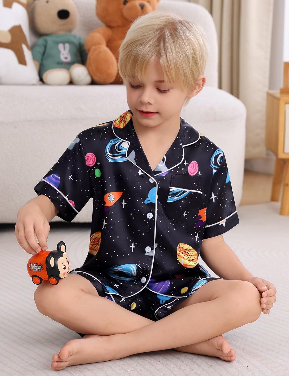 imageSWOMOG Kids Satin Pajamas Sets Girls Boys ButtonDown Pjs Short Sleeve Silk Nightwear 2 Piece Lounge SetsBlack Universe