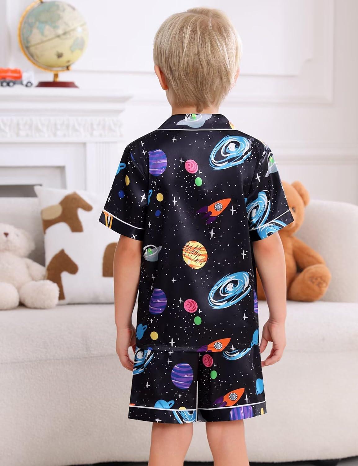imageSWOMOG Kids Satin Pajamas Sets Girls Boys ButtonDown Pjs Short Sleeve Silk Nightwear 2 Piece Lounge SetsBlack Universe