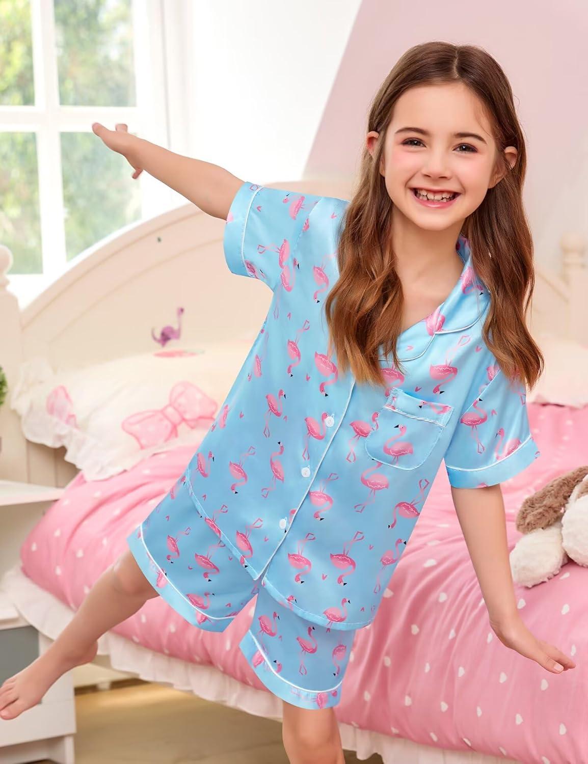 imageSWOMOG Kids Satin Pajamas Sets Girls Boys ButtonDown Pjs Short Sleeve Silk Nightwear 2 Piece Lounge SetsBlue Champagne