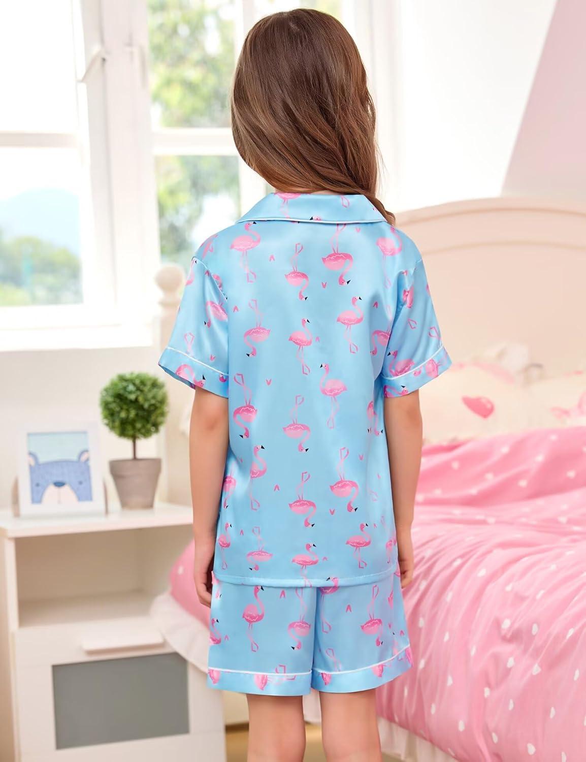 imageSWOMOG Kids Satin Pajamas Sets Girls Boys ButtonDown Pjs Short Sleeve Silk Nightwear 2 Piece Lounge SetsBlue Champagne