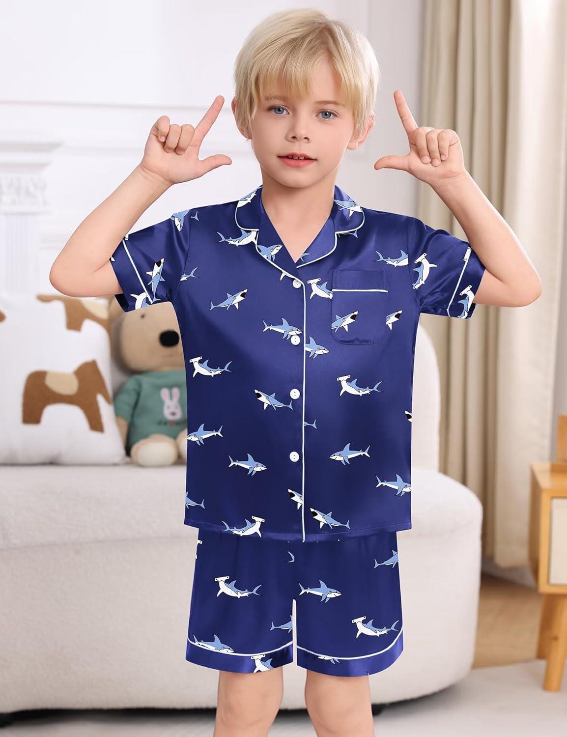 imageSWOMOG Kids Satin Pajamas Sets Girls Boys ButtonDown Pjs Short Sleeve Silk Nightwear 2 Piece Lounge SetsBlue Shark