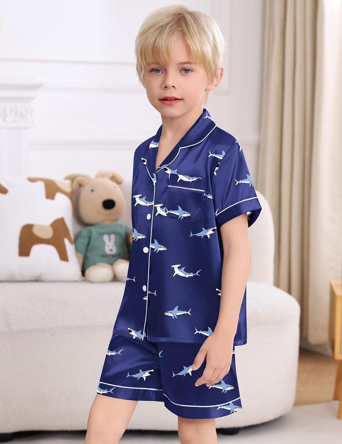 imageSWOMOG Kids Satin Pajamas Sets Girls Boys ButtonDown Pjs Short Sleeve Silk Nightwear 2 Piece Lounge SetsBlue Shark