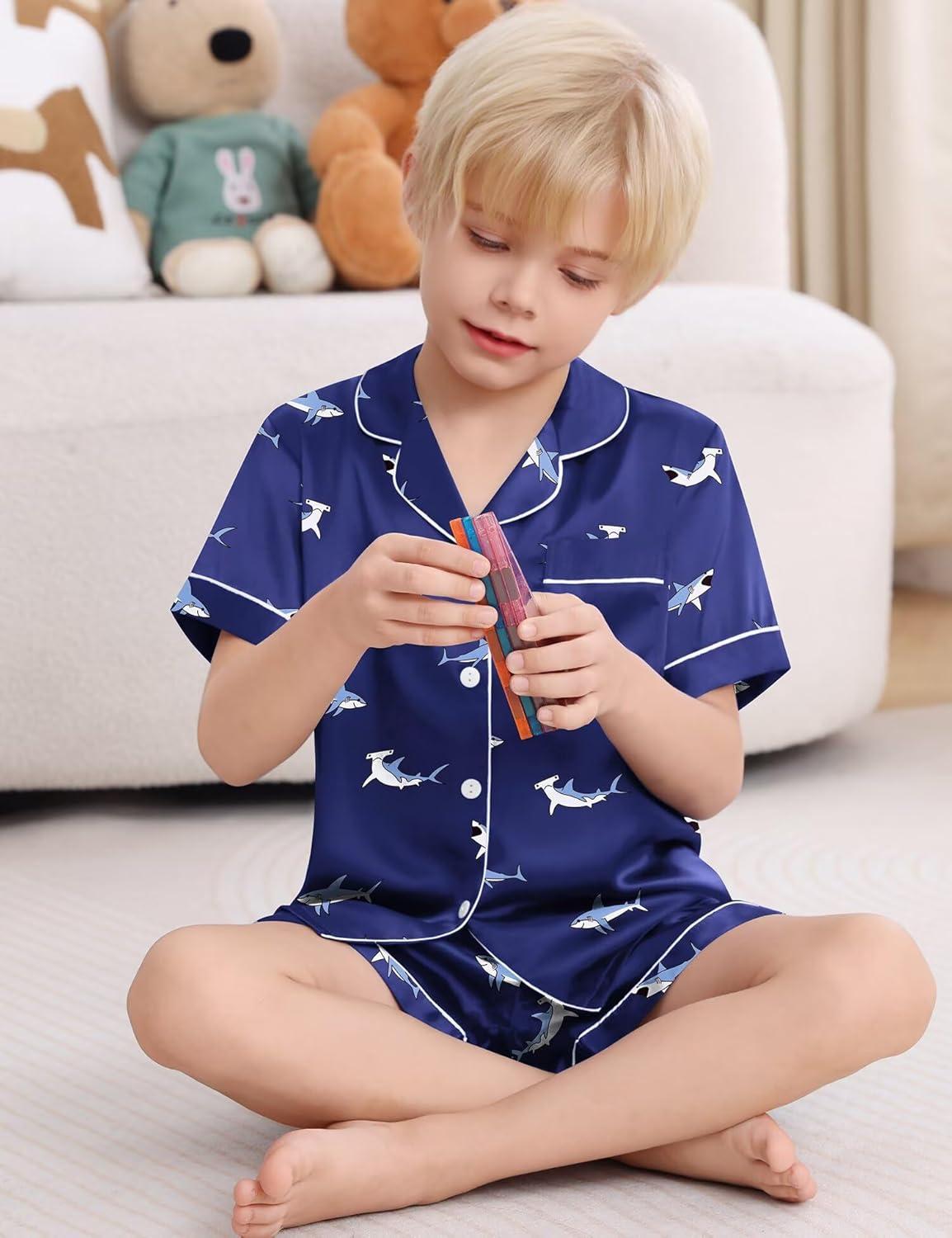 imageSWOMOG Kids Satin Pajamas Sets Girls Boys ButtonDown Pjs Short Sleeve Silk Nightwear 2 Piece Lounge SetsBlue Shark