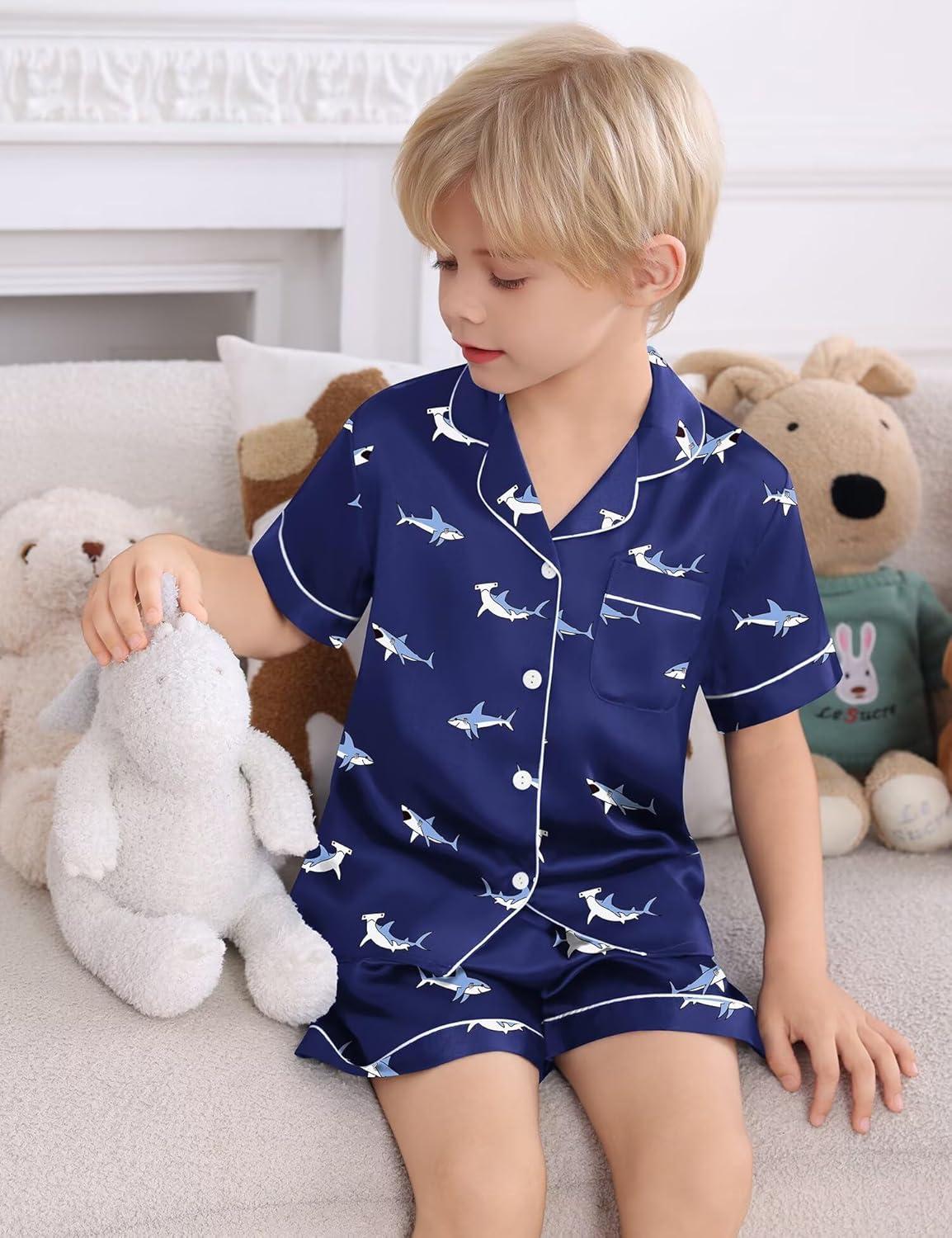 imageSWOMOG Kids Satin Pajamas Sets Girls Boys ButtonDown Pjs Short Sleeve Silk Nightwear 2 Piece Lounge SetsBlue Shark