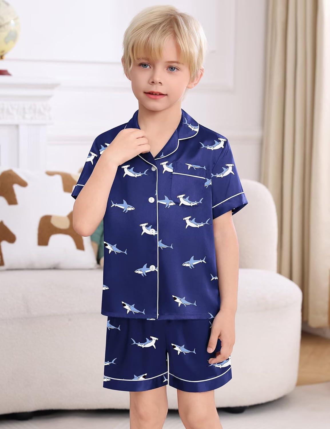 imageSWOMOG Kids Satin Pajamas Sets Girls Boys ButtonDown Pjs Short Sleeve Silk Nightwear 2 Piece Lounge SetsBlue Shark