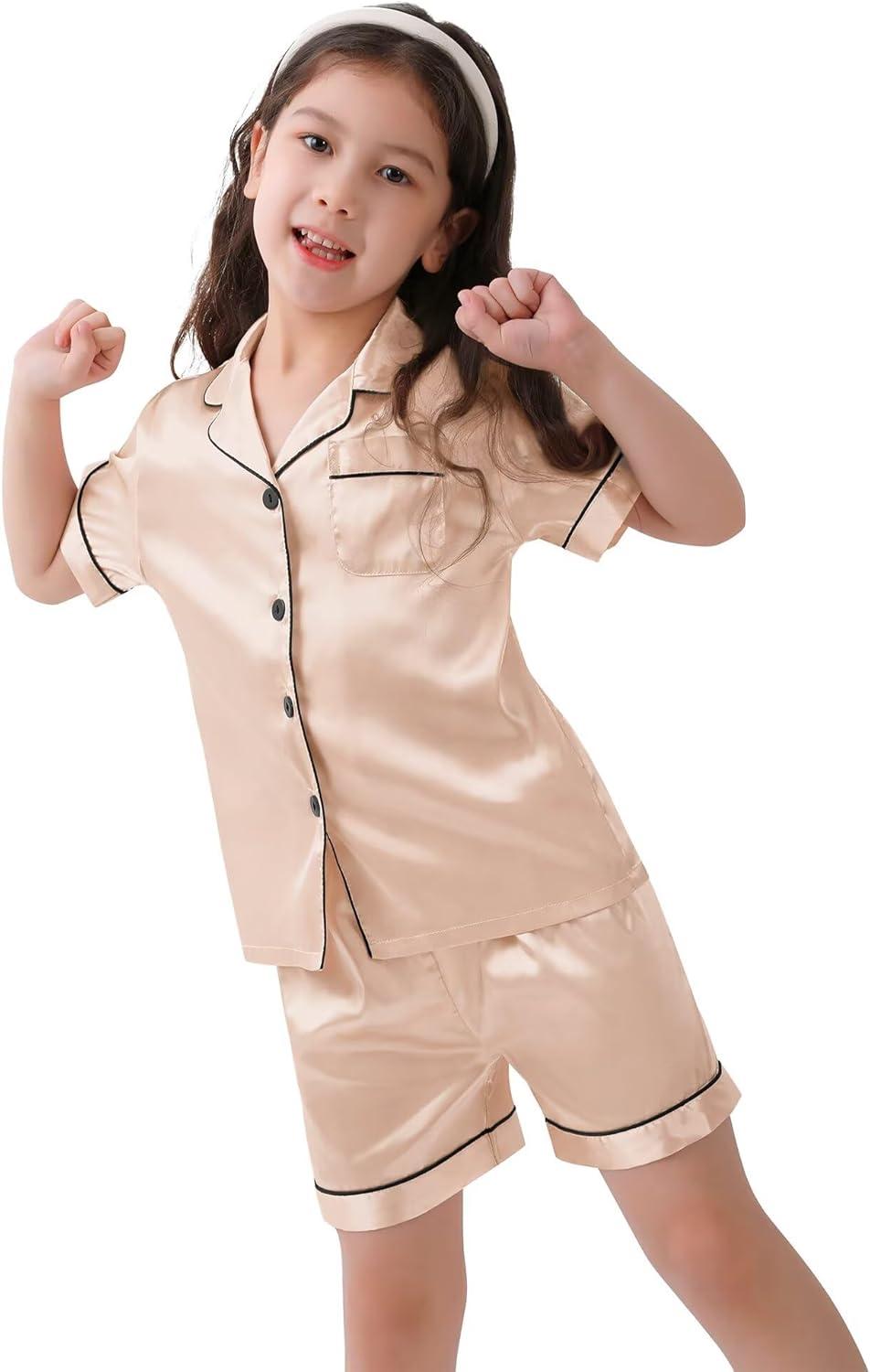 imageSWOMOG Kids Satin Pajamas Sets Girls Boys ButtonDown Pjs Short Sleeve Silk Nightwear 2 Piece Lounge SetsChampagne