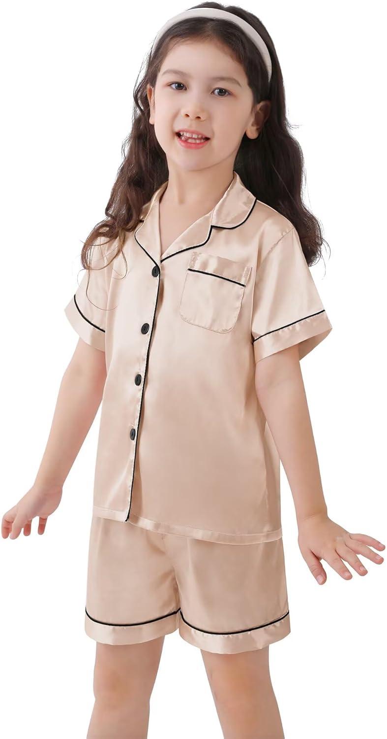 imageSWOMOG Kids Satin Pajamas Sets Girls Boys ButtonDown Pjs Short Sleeve Silk Nightwear 2 Piece Lounge SetsChampagne