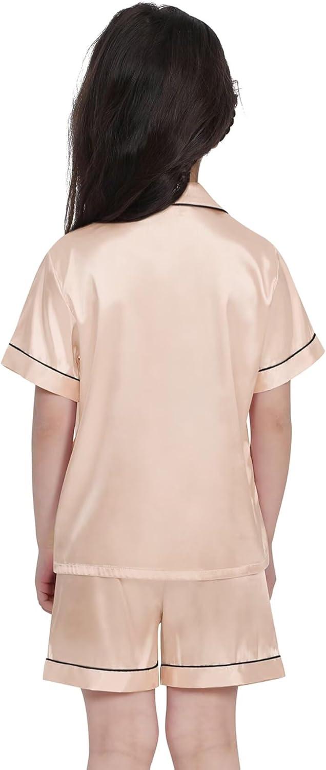 imageSWOMOG Kids Satin Pajamas Sets Girls Boys ButtonDown Pjs Short Sleeve Silk Nightwear 2 Piece Lounge SetsChampagne
