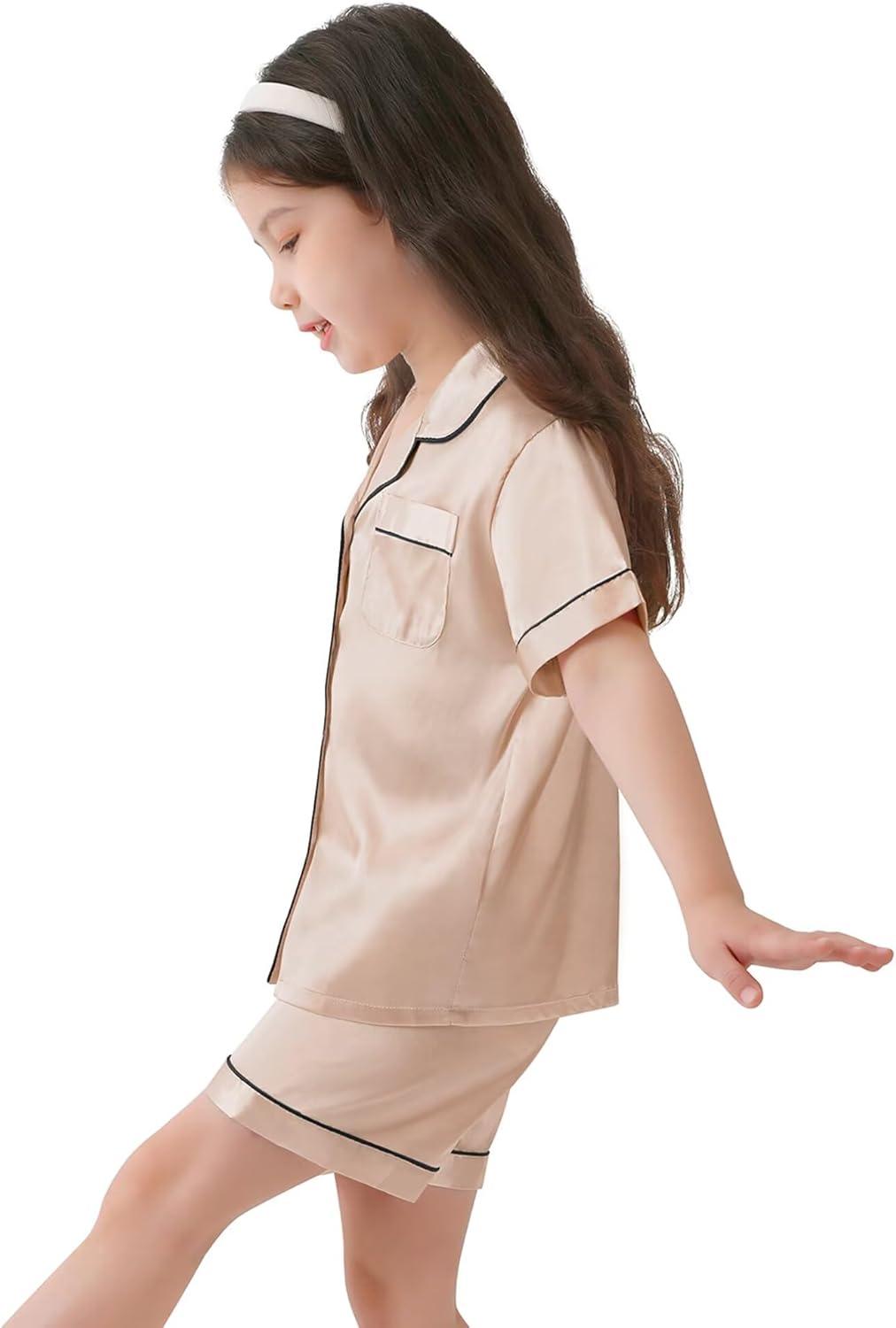 imageSWOMOG Kids Satin Pajamas Sets Girls Boys ButtonDown Pjs Short Sleeve Silk Nightwear 2 Piece Lounge SetsChampagne