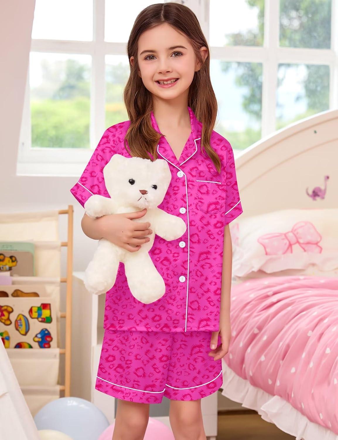 imageSWOMOG Kids Satin Pajamas Sets Girls Boys ButtonDown Pjs Short Sleeve Silk Nightwear 2 Piece Lounge SetsHot Pink Leopard