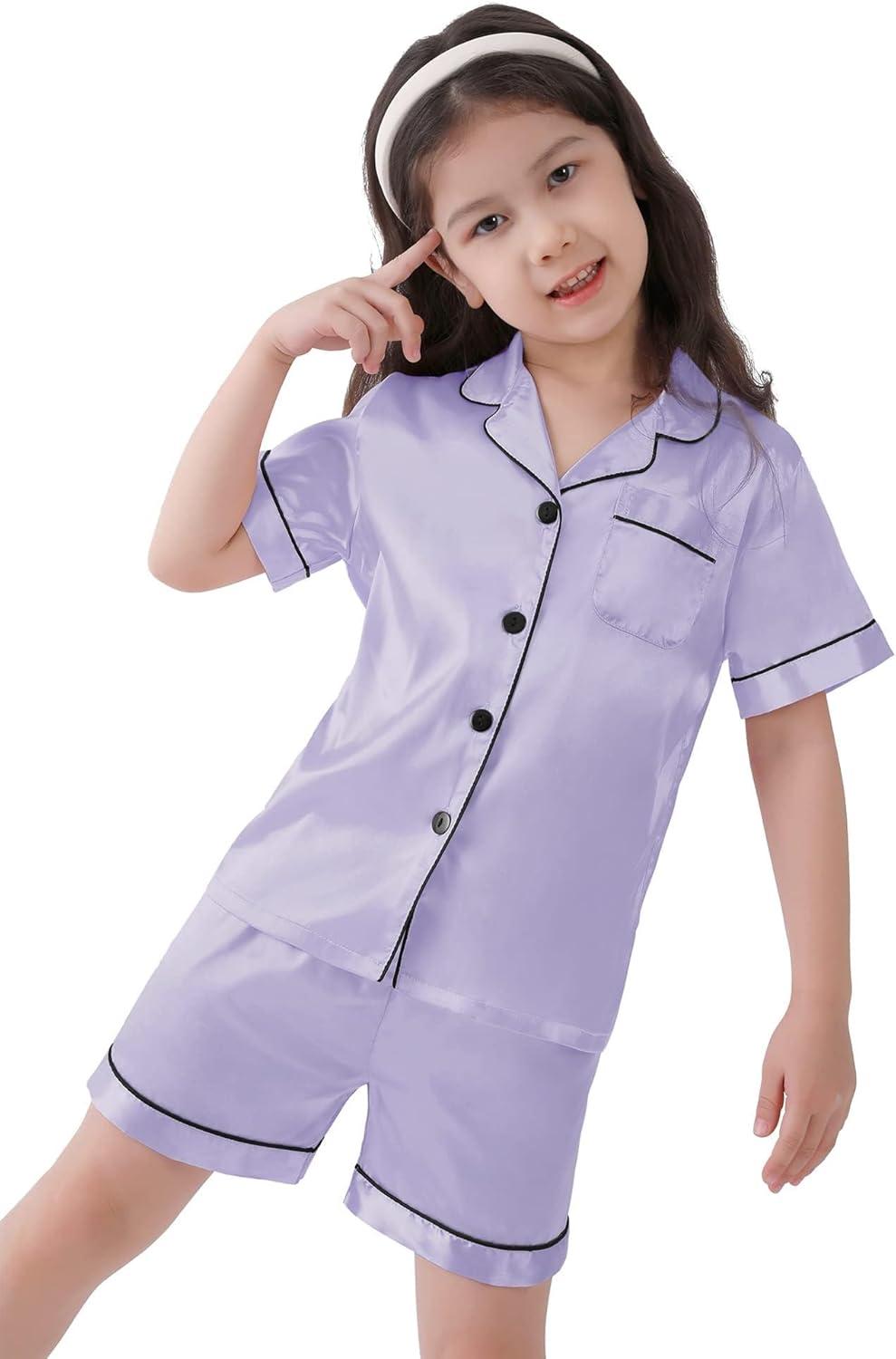 imageSWOMOG Kids Satin Pajamas Sets Girls Boys ButtonDown Pjs Short Sleeve Silk Nightwear 2 Piece Lounge SetsLavender