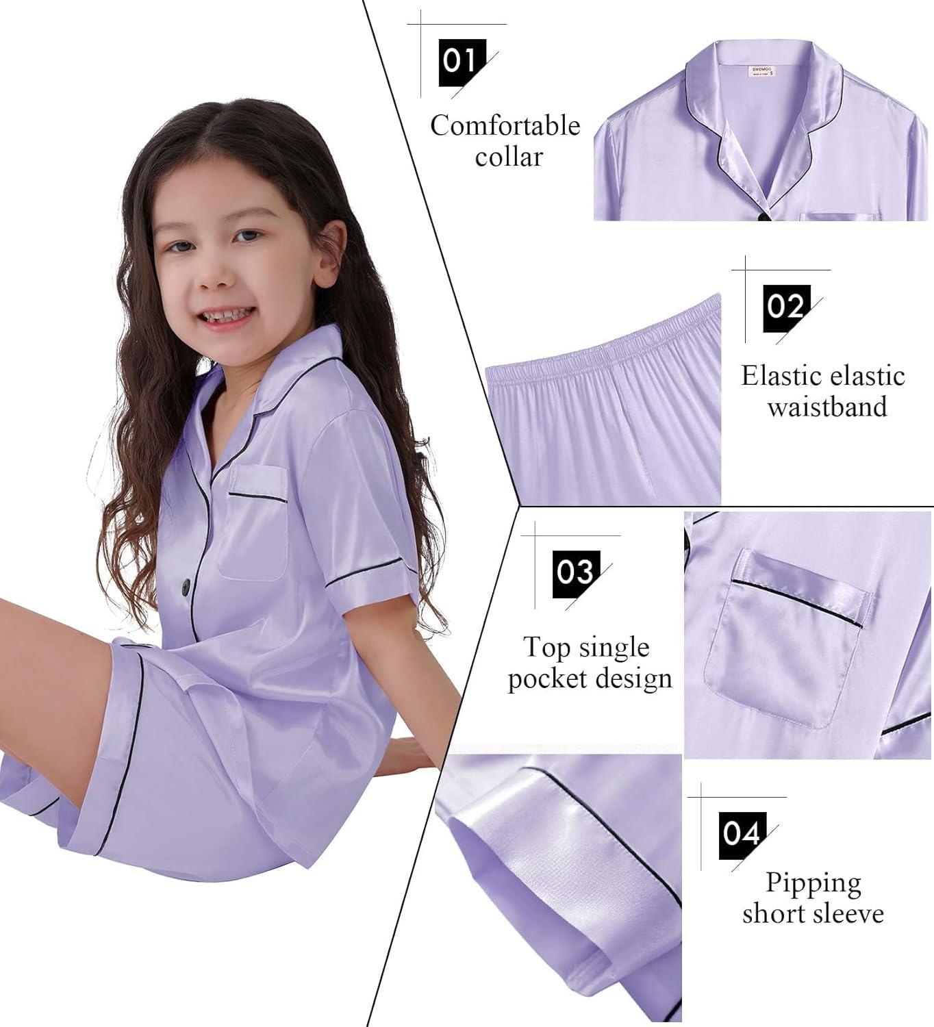 imageSWOMOG Kids Satin Pajamas Sets Girls Boys ButtonDown Pjs Short Sleeve Silk Nightwear 2 Piece Lounge SetsLavender