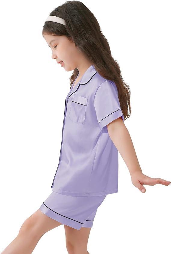 imageSWOMOG Kids Satin Pajamas Sets Girls Boys ButtonDown Pjs Short Sleeve Silk Nightwear 2 Piece Lounge SetsLavender