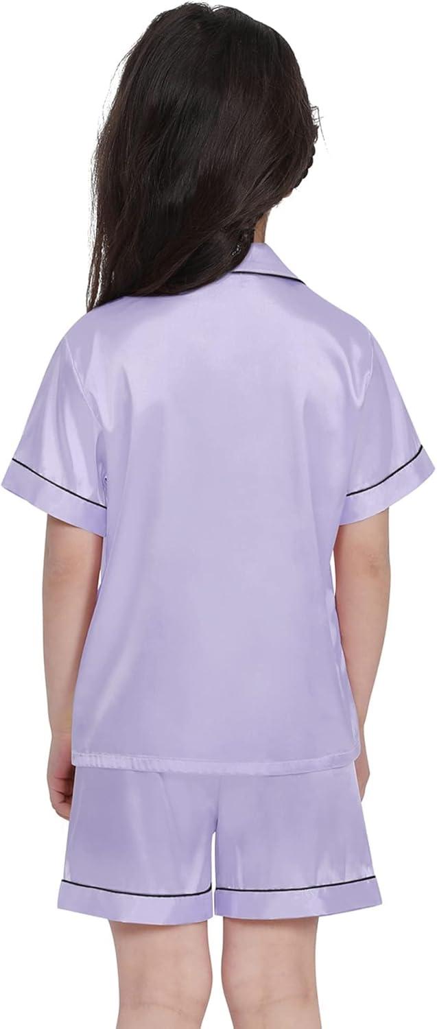 imageSWOMOG Kids Satin Pajamas Sets Girls Boys ButtonDown Pjs Short Sleeve Silk Nightwear 2 Piece Lounge SetsLavender