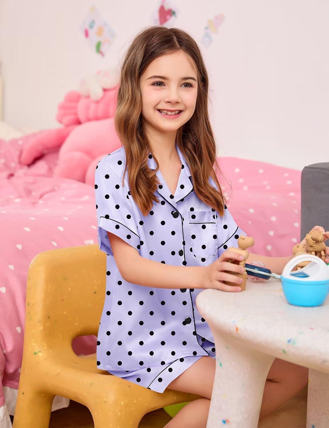 imageSWOMOG Kids Satin Pajamas Sets Girls Boys ButtonDown Pjs Short Sleeve Silk Nightwear 2 Piece Lounge SetsLavender Dots