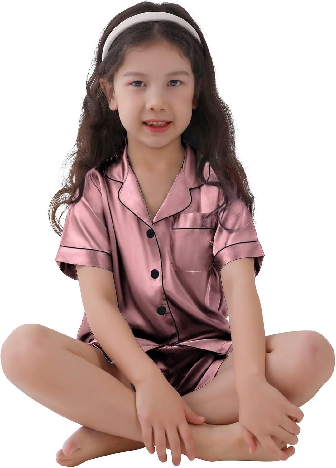 imageSWOMOG Kids Satin Pajamas Sets Girls Boys ButtonDown Pjs Short Sleeve Silk Nightwear 2 Piece Lounge SetsMisty Rose