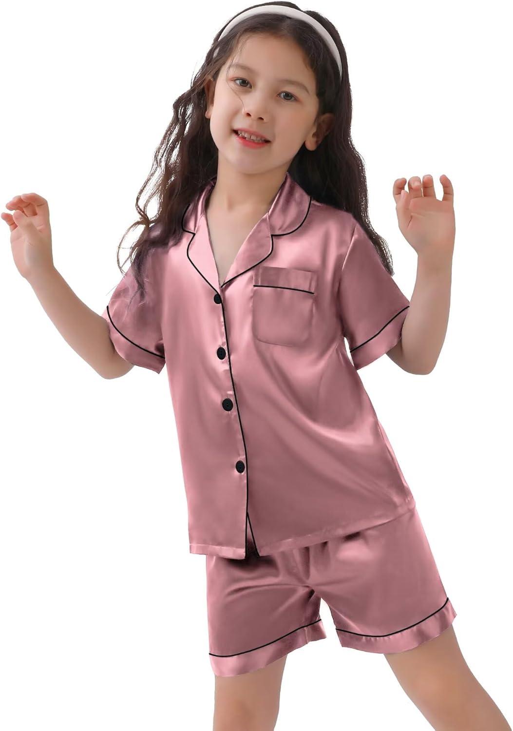imageSWOMOG Kids Satin Pajamas Sets Girls Boys ButtonDown Pjs Short Sleeve Silk Nightwear 2 Piece Lounge SetsMisty Rose