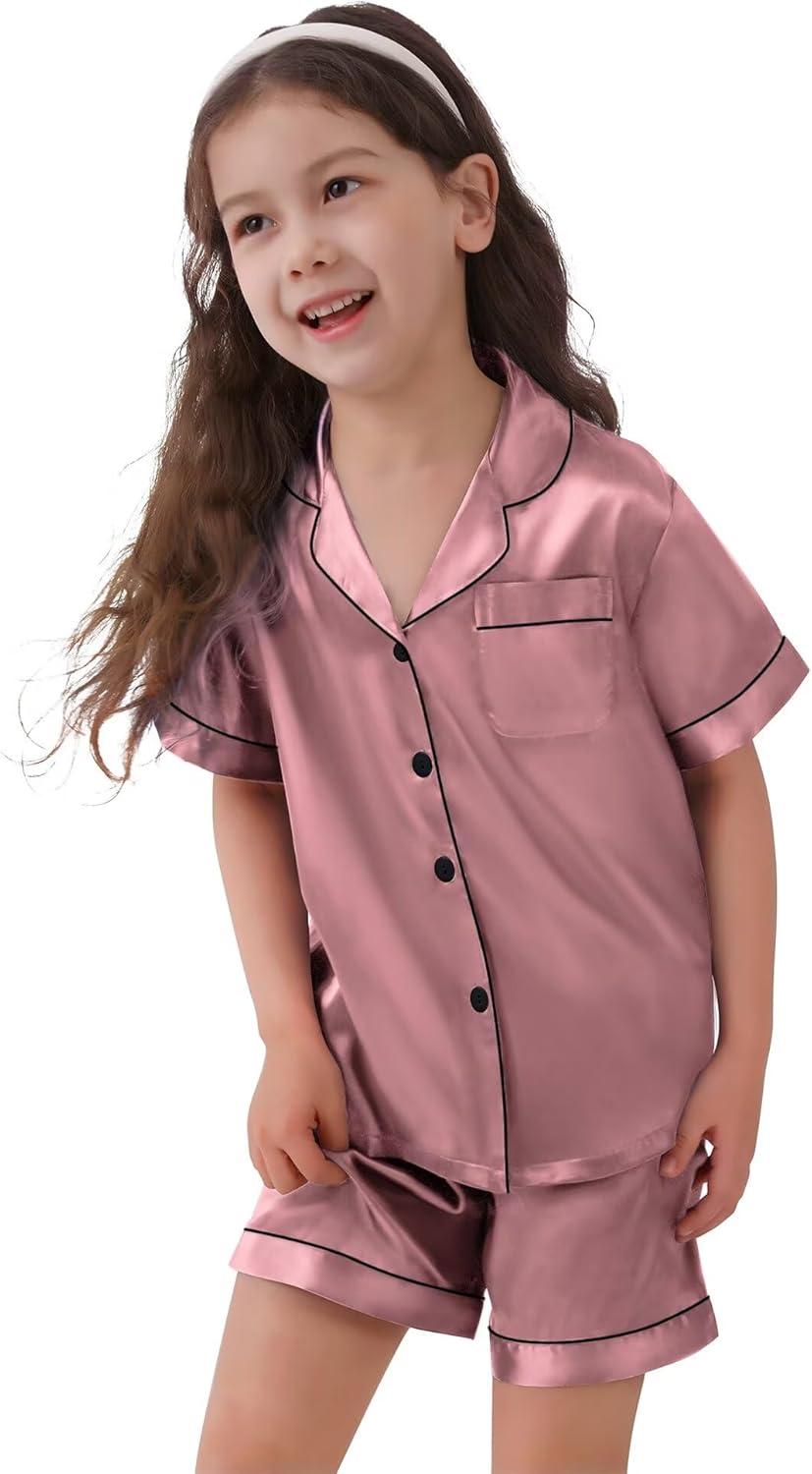 imageSWOMOG Kids Satin Pajamas Sets Girls Boys ButtonDown Pjs Short Sleeve Silk Nightwear 2 Piece Lounge SetsMisty Rose