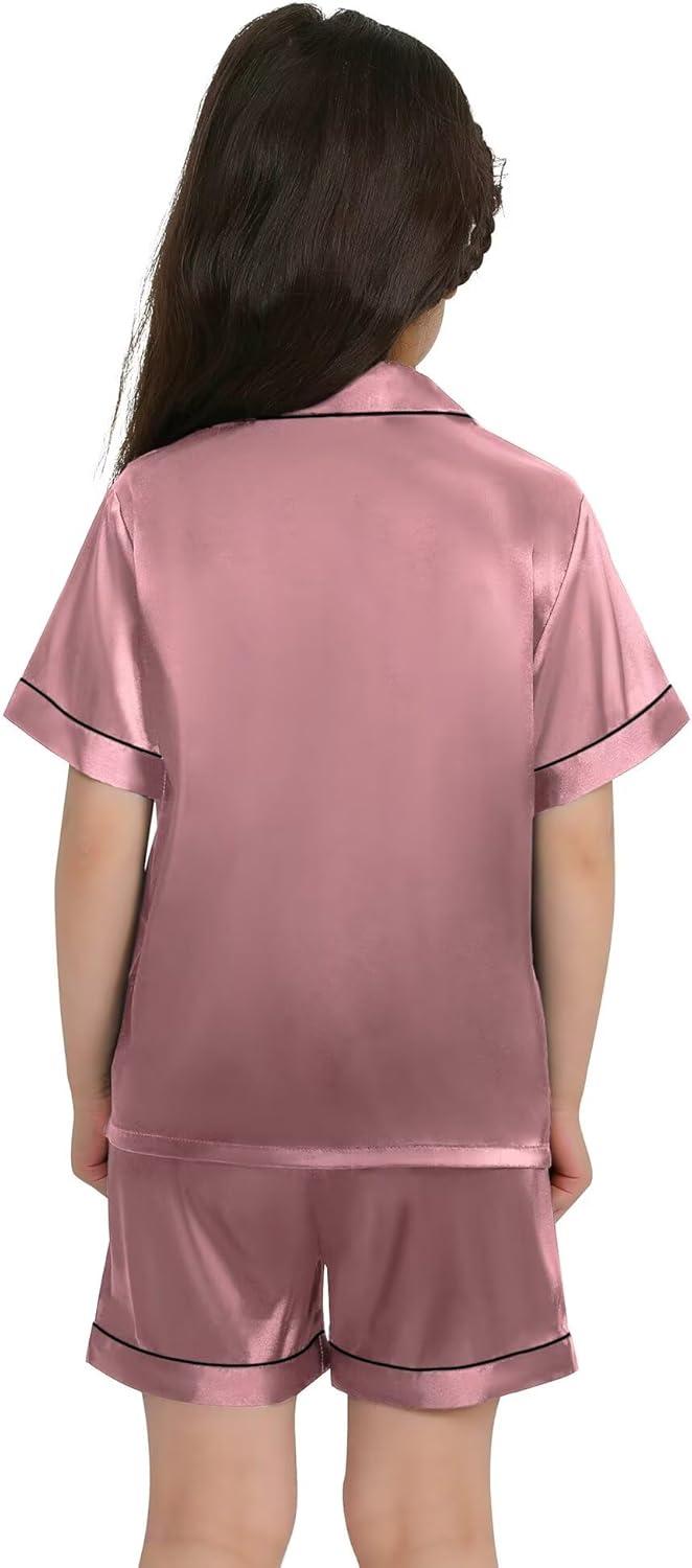 imageSWOMOG Kids Satin Pajamas Sets Girls Boys ButtonDown Pjs Short Sleeve Silk Nightwear 2 Piece Lounge SetsMisty Rose