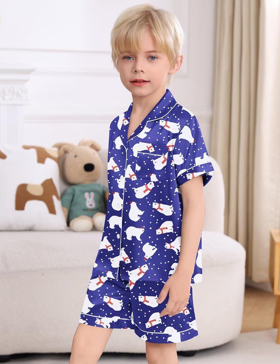 imageSWOMOG Kids Satin Pajamas Sets Girls Boys ButtonDown Pjs Short Sleeve Silk Nightwear 2 Piece Lounge SetsNavy Blue Bear