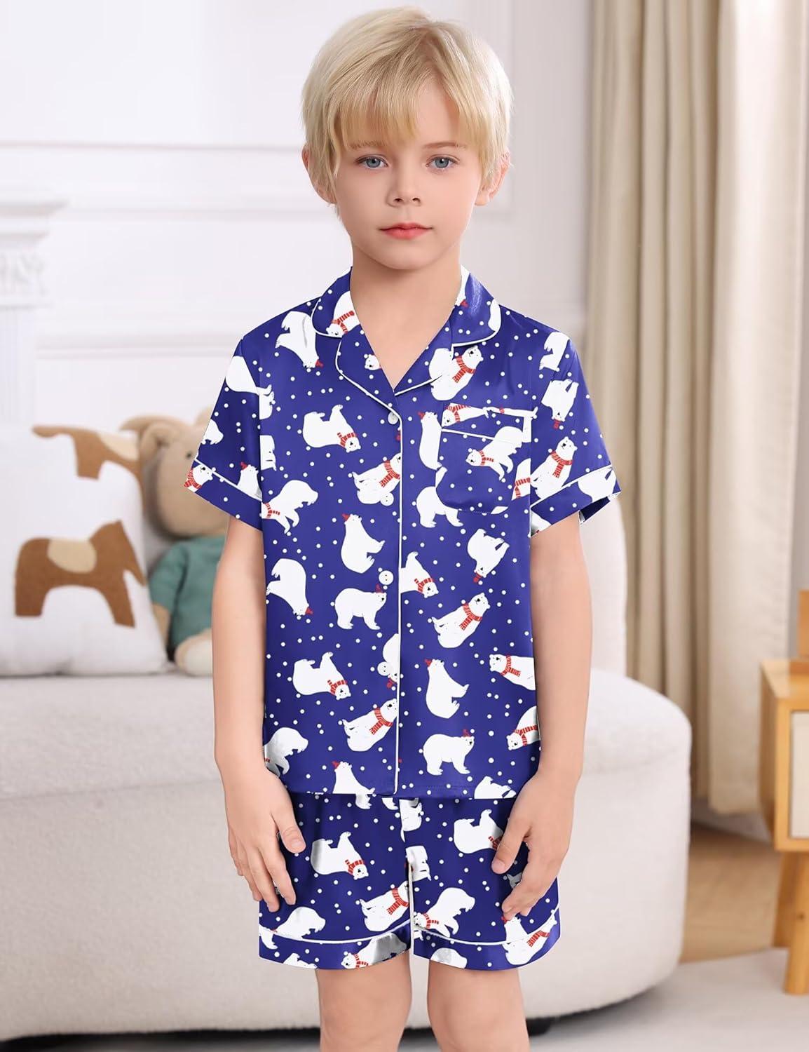 imageSWOMOG Kids Satin Pajamas Sets Girls Boys ButtonDown Pjs Short Sleeve Silk Nightwear 2 Piece Lounge SetsNavy Blue Bear