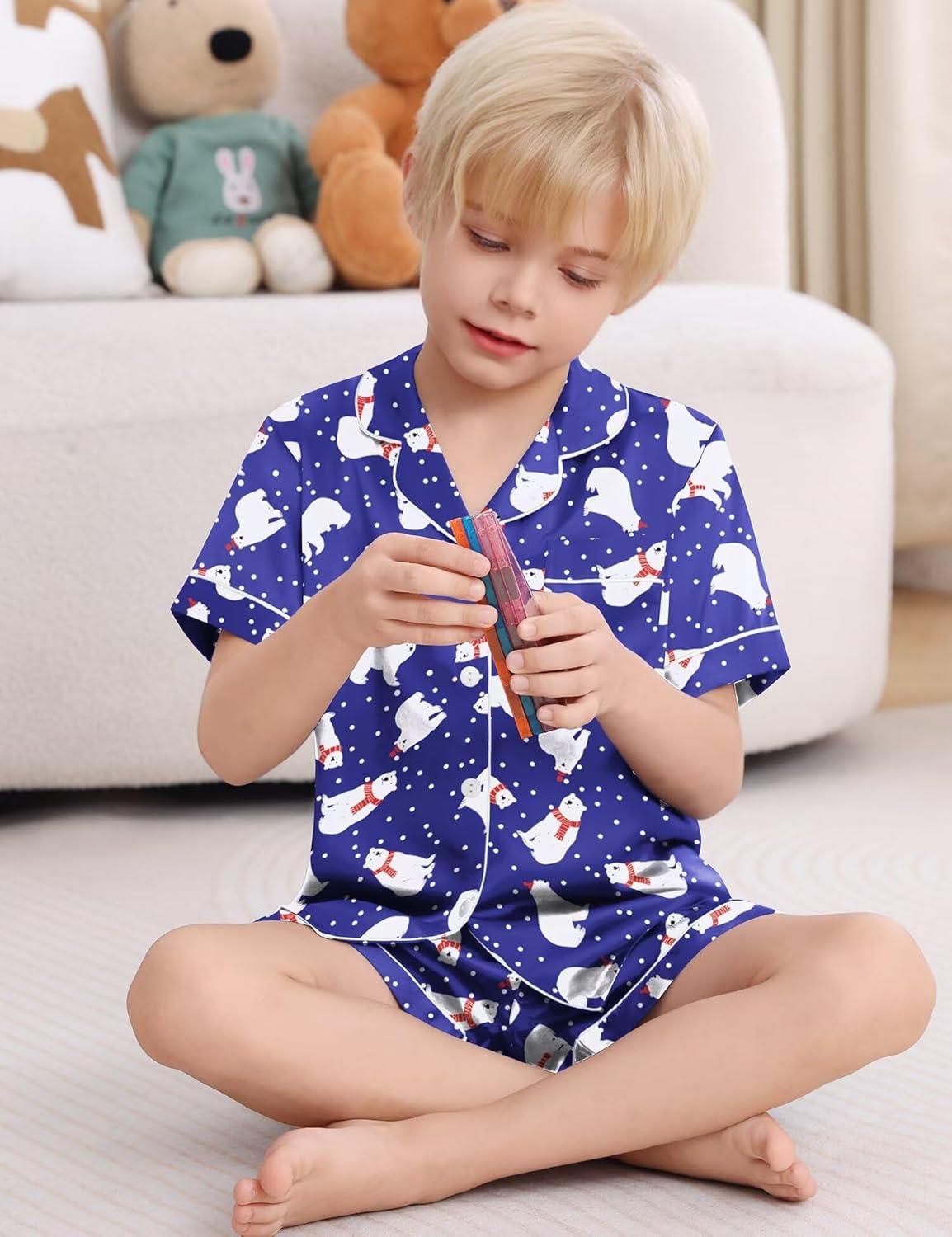 imageSWOMOG Kids Satin Pajamas Sets Girls Boys ButtonDown Pjs Short Sleeve Silk Nightwear 2 Piece Lounge SetsNavy Blue Bear