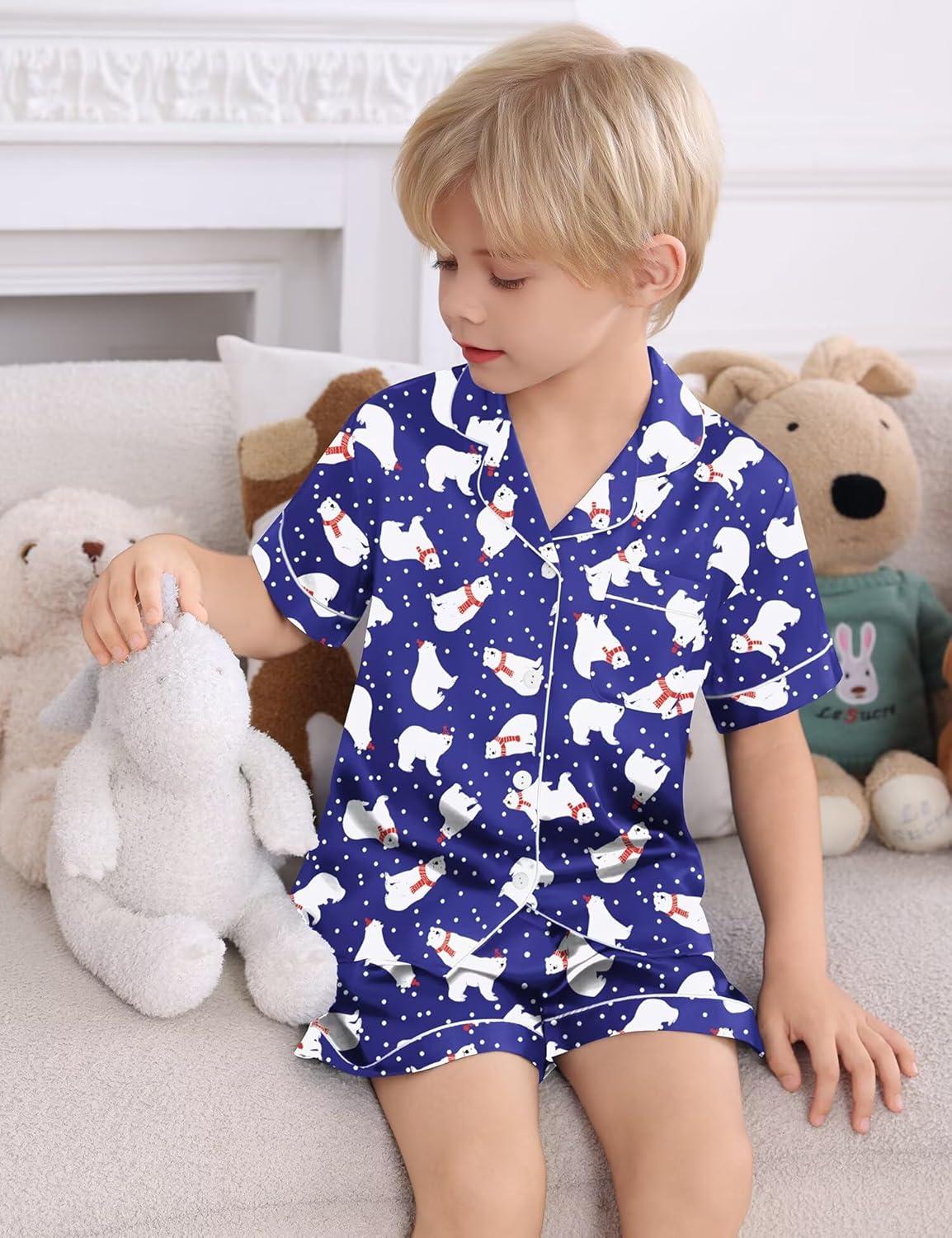 imageSWOMOG Kids Satin Pajamas Sets Girls Boys ButtonDown Pjs Short Sleeve Silk Nightwear 2 Piece Lounge SetsNavy Blue Bear