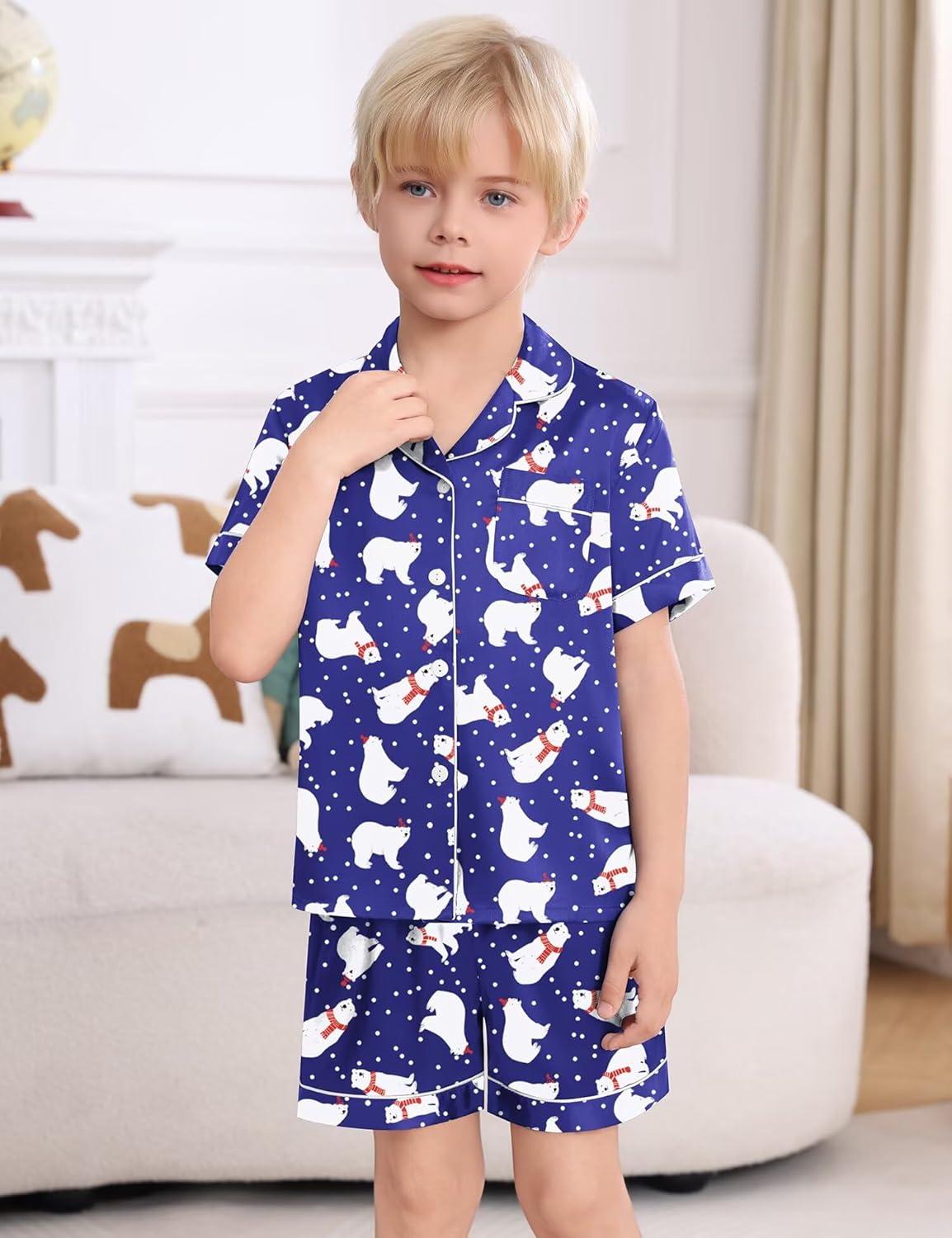 imageSWOMOG Kids Satin Pajamas Sets Girls Boys ButtonDown Pjs Short Sleeve Silk Nightwear 2 Piece Lounge SetsNavy Blue Bear