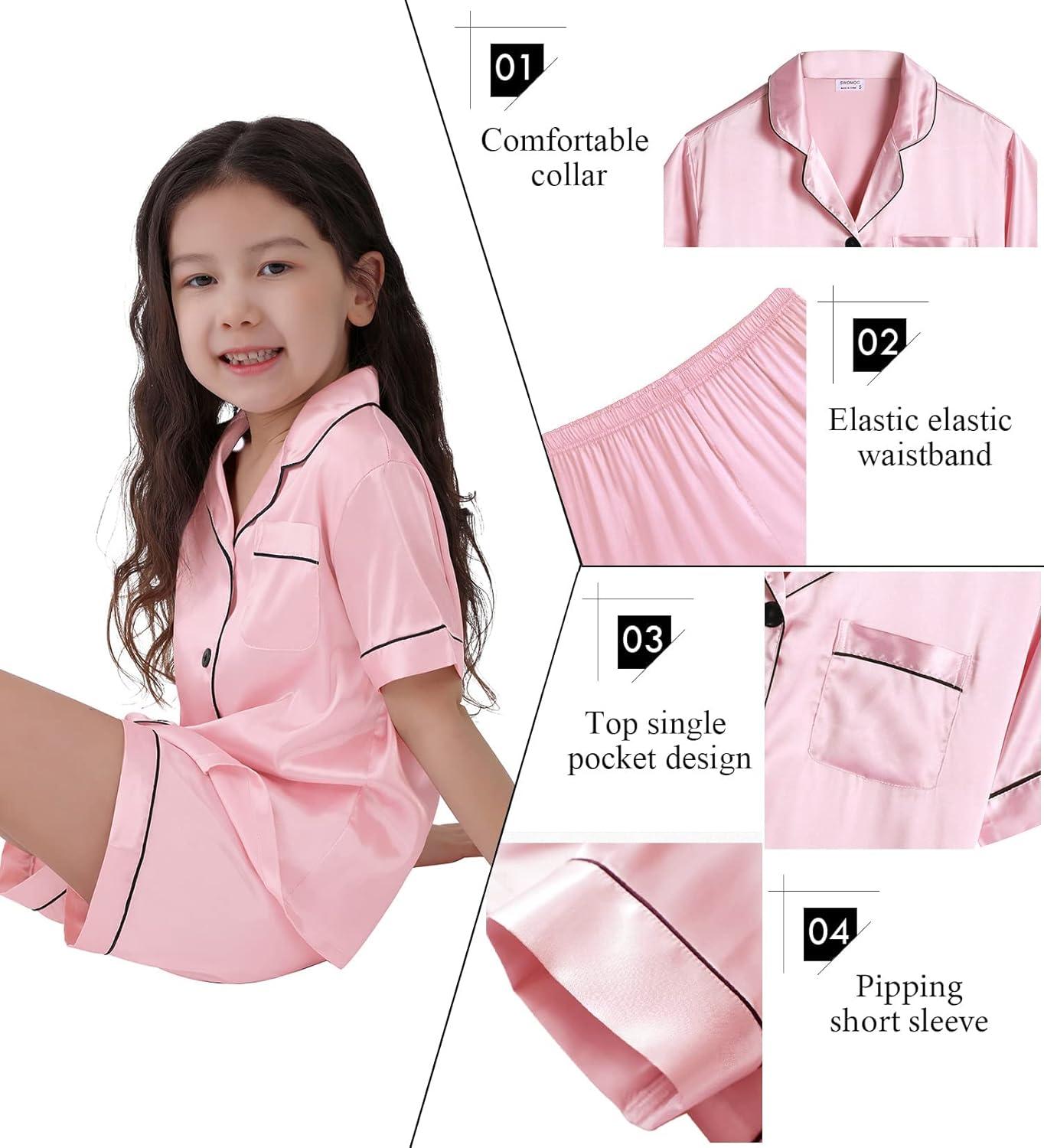 imageSWOMOG Kids Satin Pajamas Sets Girls Boys ButtonDown Pjs Short Sleeve Silk Nightwear 2 Piece Lounge SetsPink