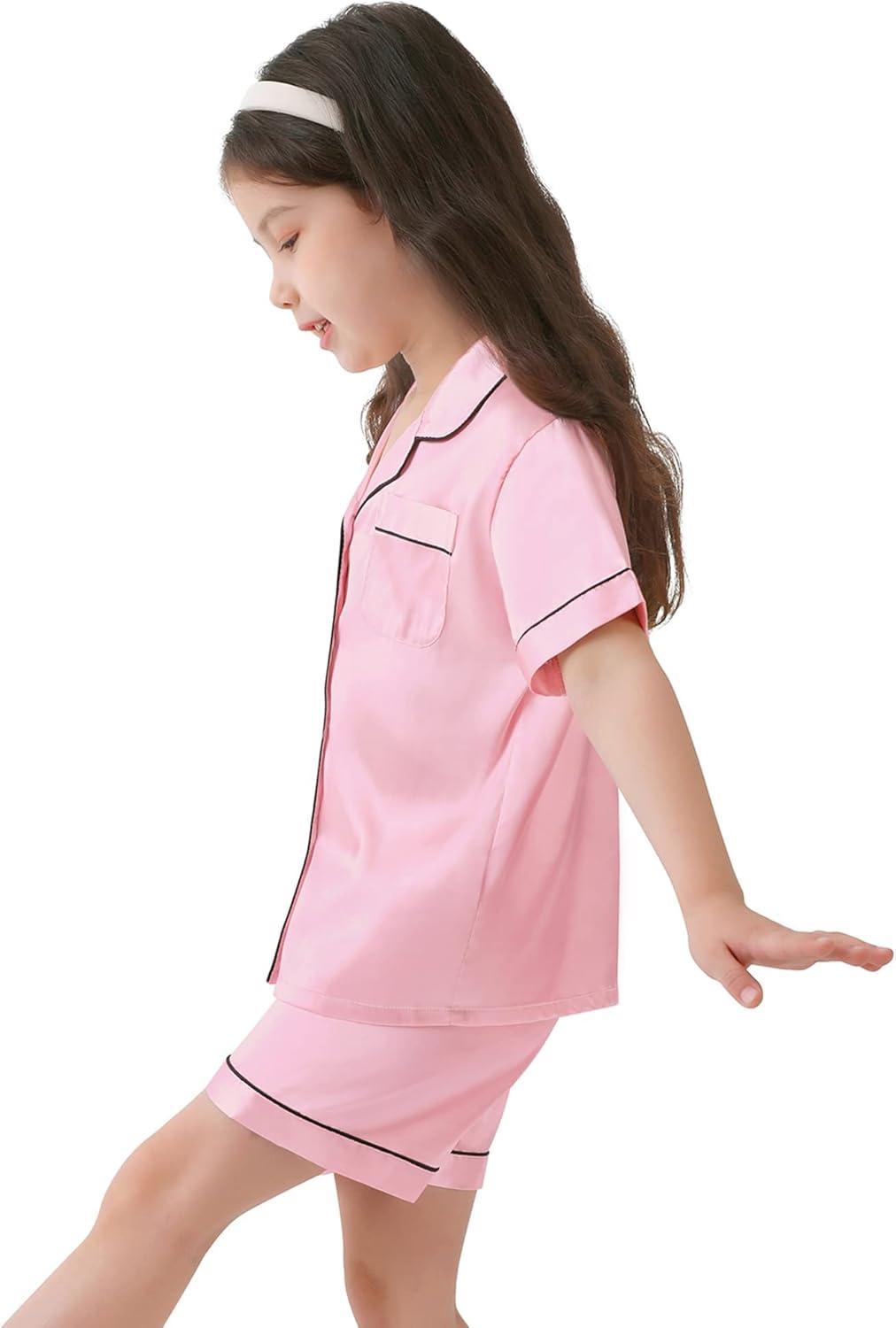 imageSWOMOG Kids Satin Pajamas Sets Girls Boys ButtonDown Pjs Short Sleeve Silk Nightwear 2 Piece Lounge SetsPink