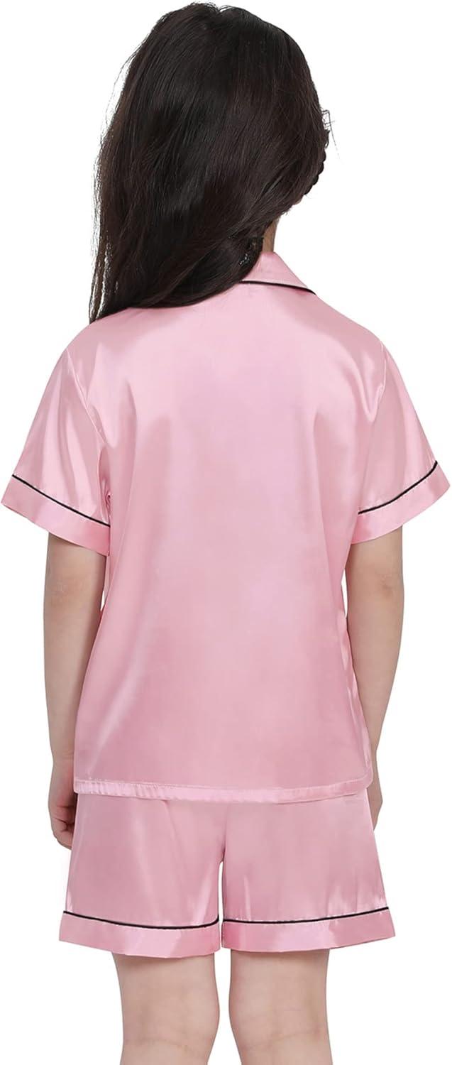 imageSWOMOG Kids Satin Pajamas Sets Girls Boys ButtonDown Pjs Short Sleeve Silk Nightwear 2 Piece Lounge SetsPink