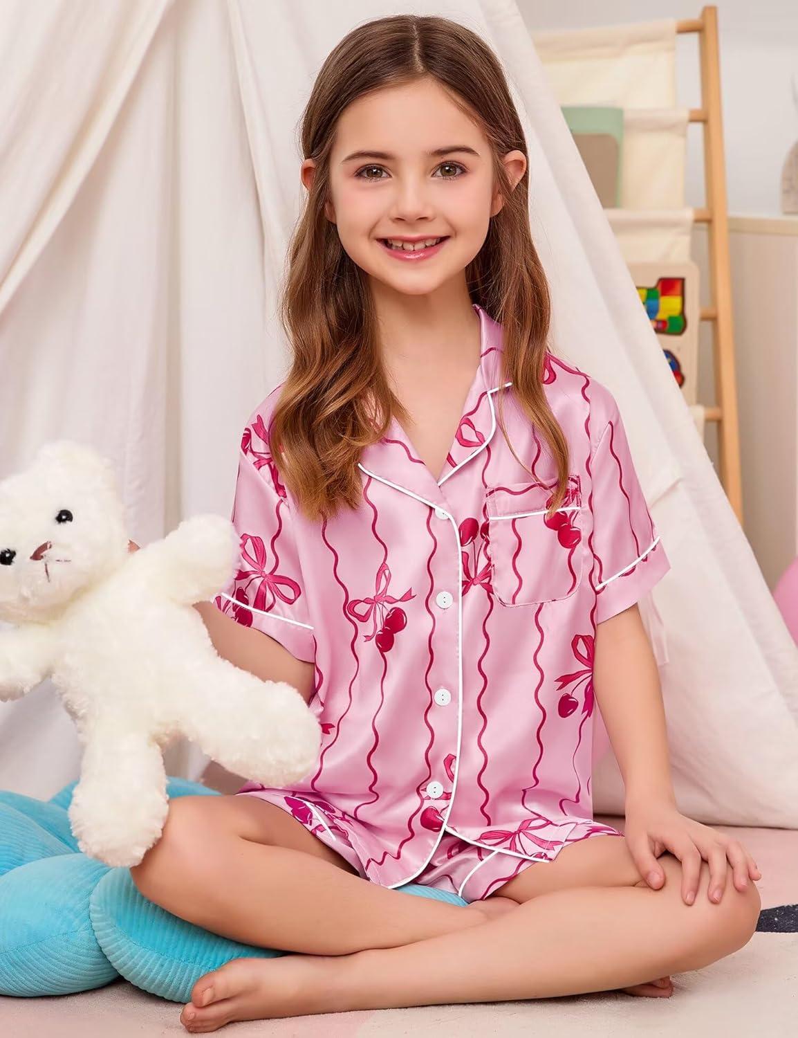 imageSWOMOG Kids Satin Pajamas Sets Girls Boys ButtonDown Pjs Short Sleeve Silk Nightwear 2 Piece Lounge SetsPink Bow