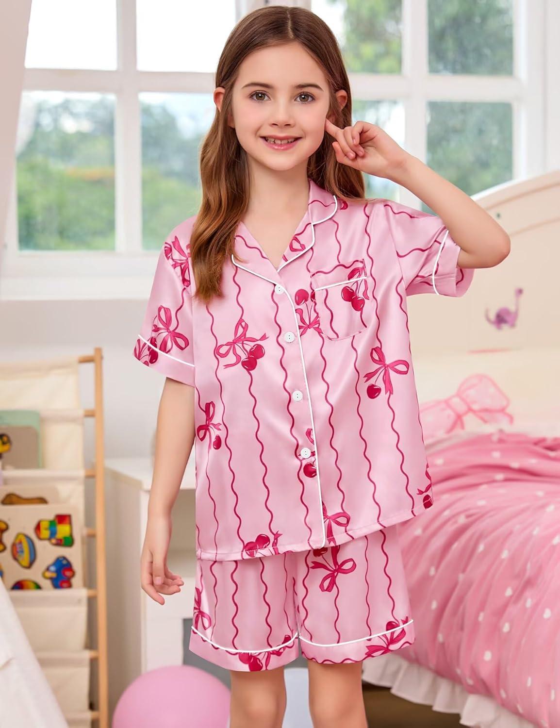 imageSWOMOG Kids Satin Pajamas Sets Girls Boys ButtonDown Pjs Short Sleeve Silk Nightwear 2 Piece Lounge SetsPink Bow