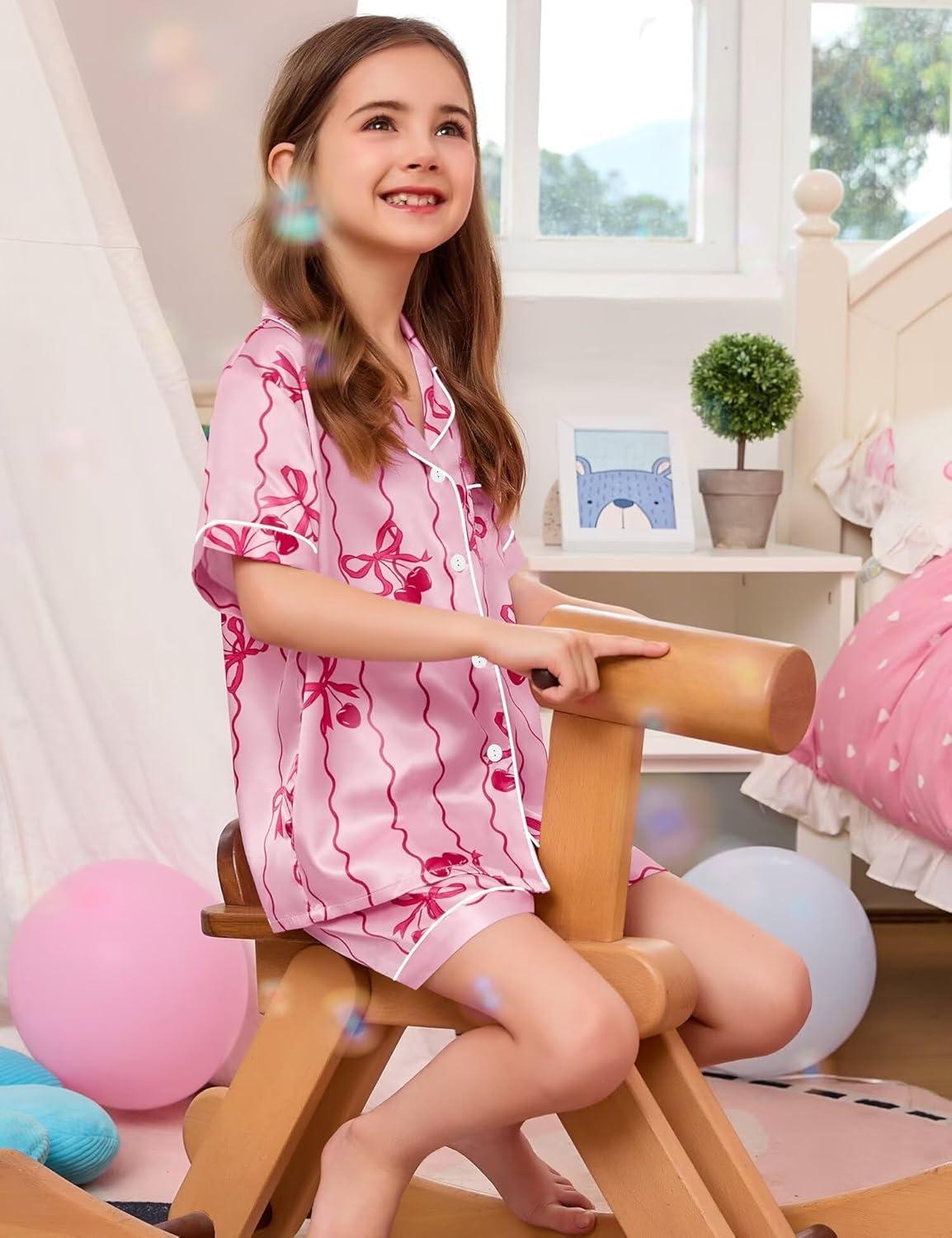 imageSWOMOG Kids Satin Pajamas Sets Girls Boys ButtonDown Pjs Short Sleeve Silk Nightwear 2 Piece Lounge SetsPink Bow