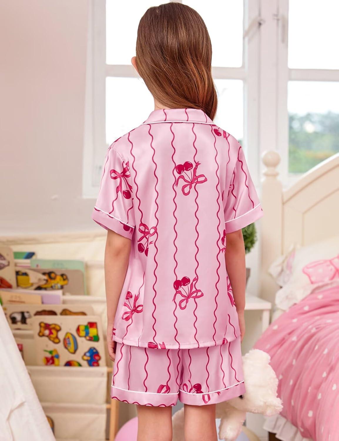 imageSWOMOG Kids Satin Pajamas Sets Girls Boys ButtonDown Pjs Short Sleeve Silk Nightwear 2 Piece Lounge SetsPink Bow