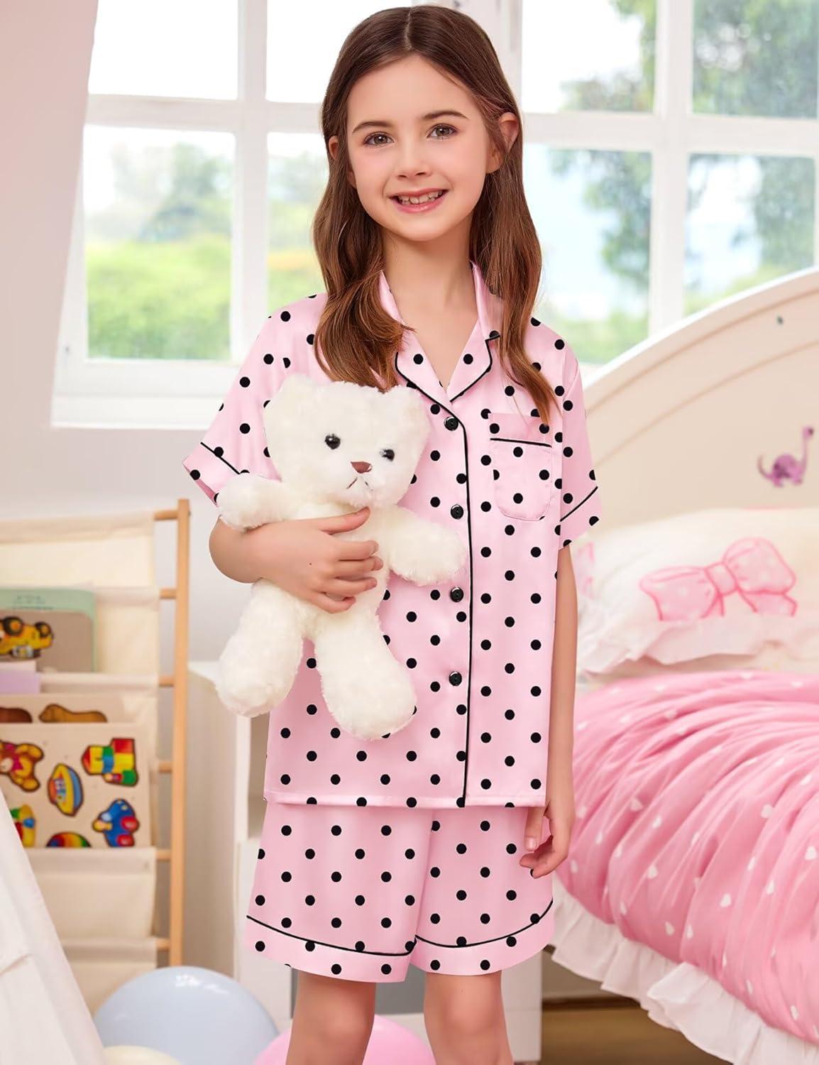imageSWOMOG Kids Satin Pajamas Sets Girls Boys ButtonDown Pjs Short Sleeve Silk Nightwear 2 Piece Lounge SetsPink Dots