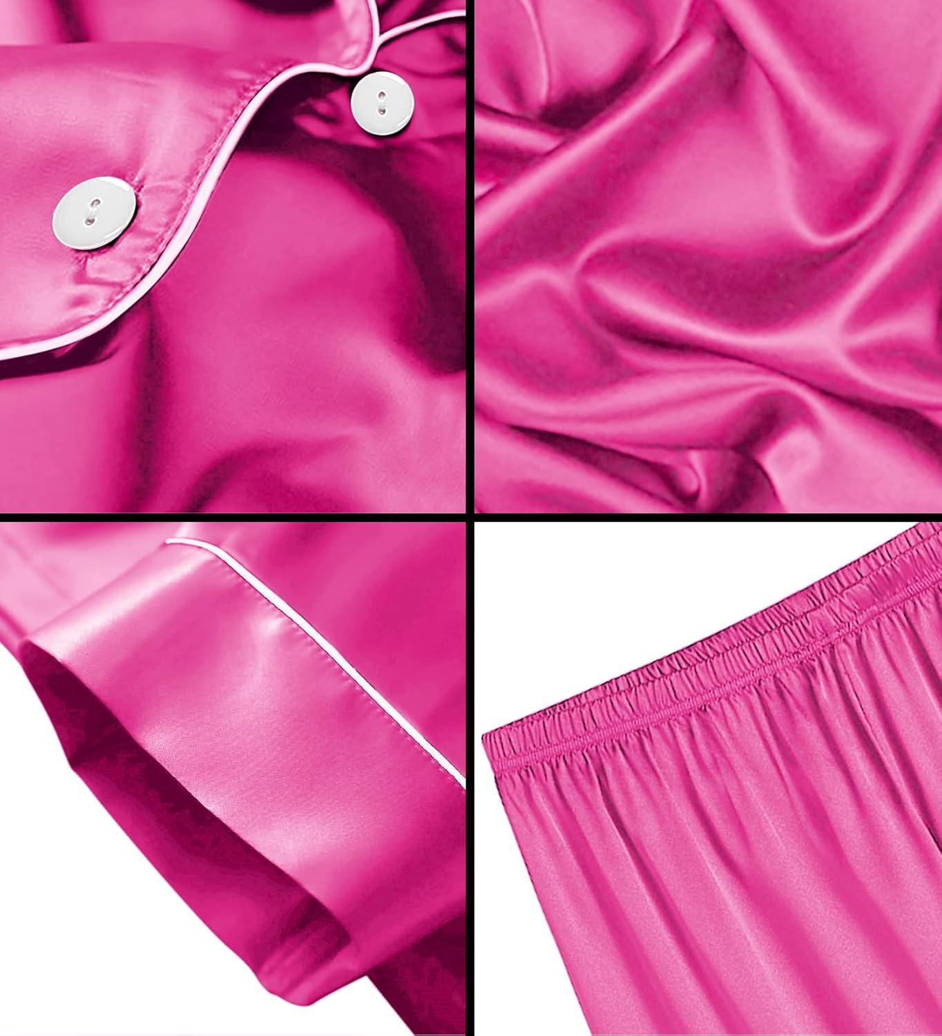 imageSWOMOG Kids Satin Pajamas Sets Girls Boys ButtonDown Pjs Short Sleeve Silk Nightwear 2 Piece Lounge SetsRose Red