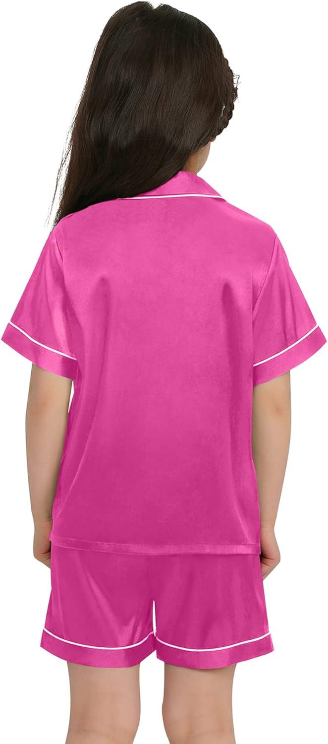 imageSWOMOG Kids Satin Pajamas Sets Girls Boys ButtonDown Pjs Short Sleeve Silk Nightwear 2 Piece Lounge SetsRose Red