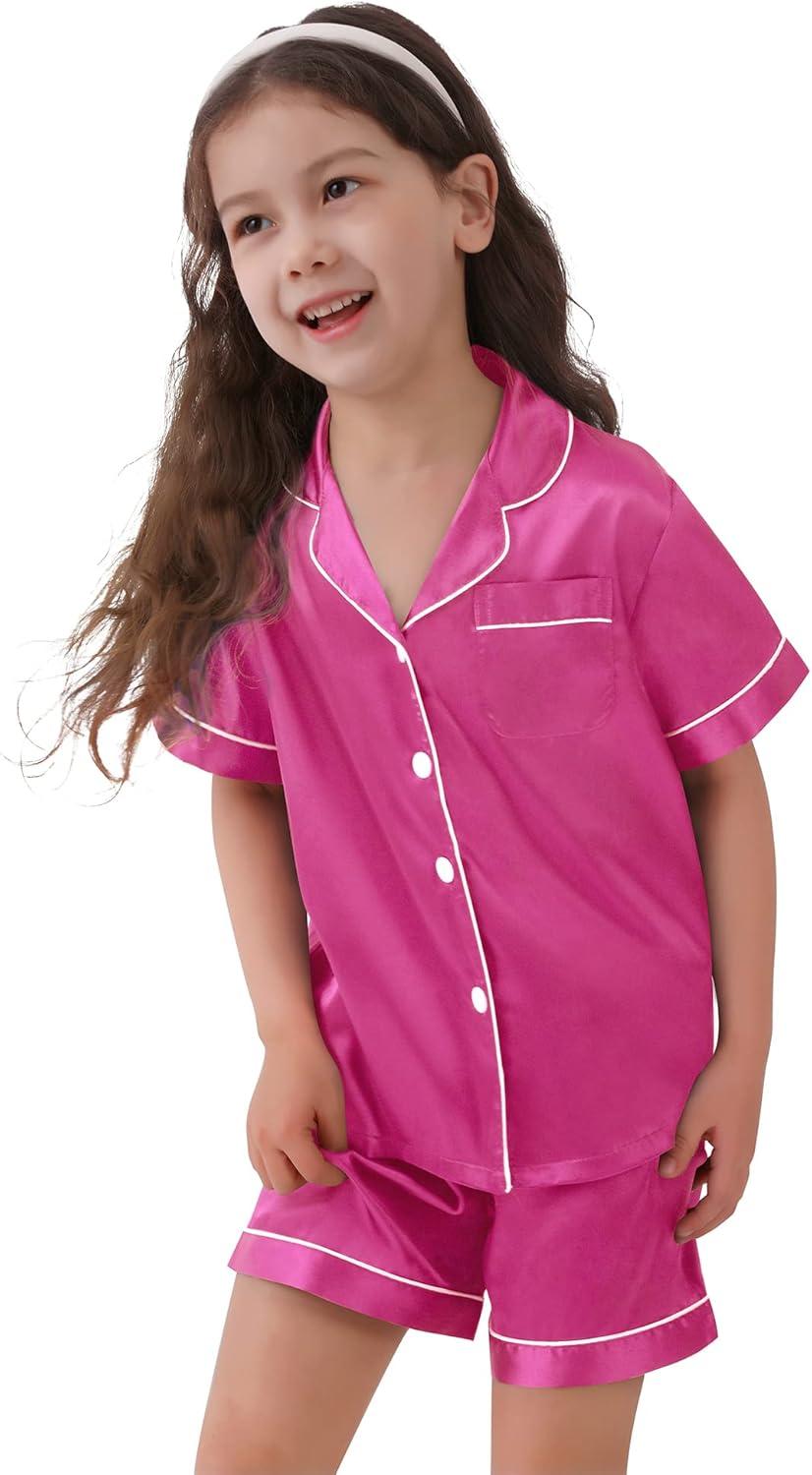 imageSWOMOG Kids Satin Pajamas Sets Girls Boys ButtonDown Pjs Short Sleeve Silk Nightwear 2 Piece Lounge SetsRose Red