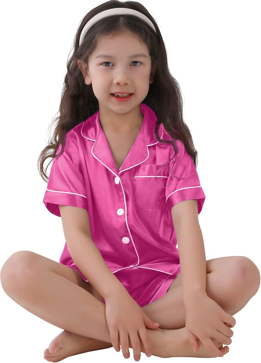 imageSWOMOG Kids Satin Pajamas Sets Girls Boys ButtonDown Pjs Short Sleeve Silk Nightwear 2 Piece Lounge SetsRose Red
