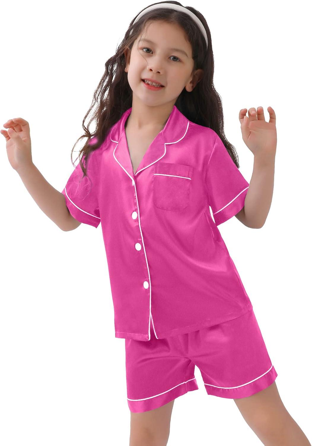 imageSWOMOG Kids Satin Pajamas Sets Girls Boys ButtonDown Pjs Short Sleeve Silk Nightwear 2 Piece Lounge SetsRose Red