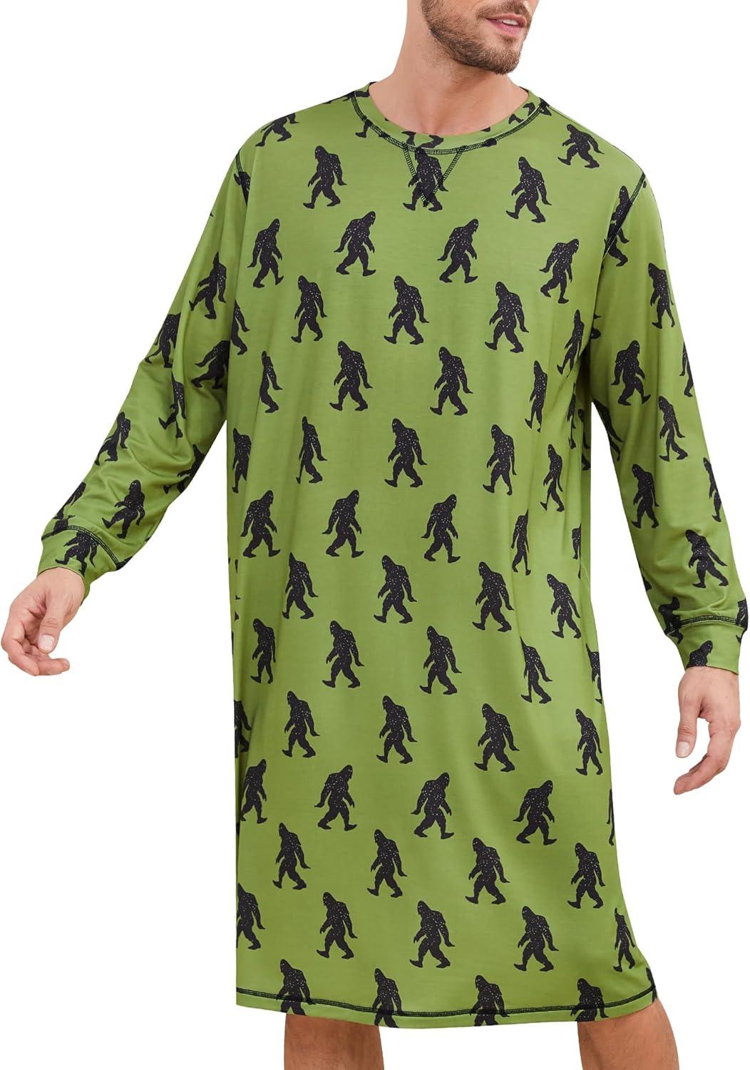 imageSWOMOG Mens Nightgown Long Sleeve Lounge Sleep Henley Shirt Pajama Big amp Tall Nightshirt Comfy Nightwear SXXLArmy Green Bigfoot