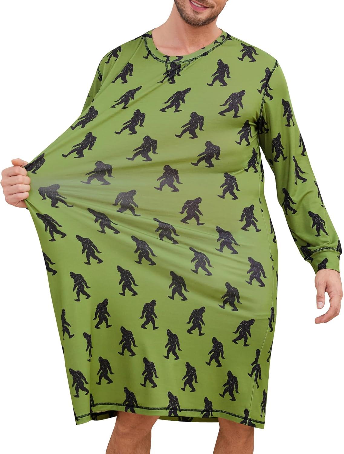 imageSWOMOG Mens Nightgown Long Sleeve Lounge Sleep Henley Shirt Pajama Big amp Tall Nightshirt Comfy Nightwear SXXLArmy Green Bigfoot